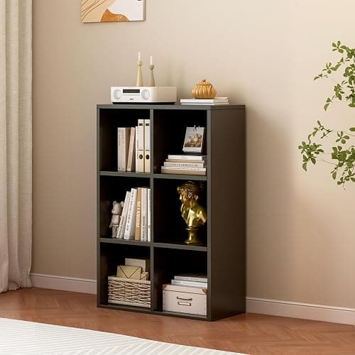 OSCHF 6-Cube Storage Shelf Bookcase - Wooden 3-Tier Floor Standing Open Bookshelf for Home and Office, Display Cabinet, Black thumbnail 2