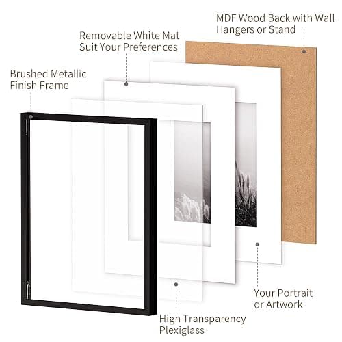ZLG Black 8x10 Frame, Premium Metal Frame Matted to 5x7, 8x10 Picture Frame, High Definition Plexiglass, Wall Hook Included, Set of 3 thumbnail 4