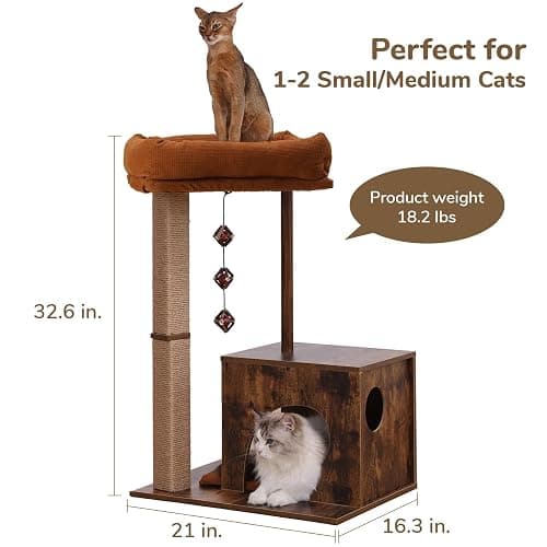 FUKUMARU Cat Scratching Post, Modern Style Cat Tree with Unique Square Post, Wooden Cat Tower with silvervine Balls, Retro Cat Condo Scratcher for Indoor Cats（Solid Wood） thumbnail 3