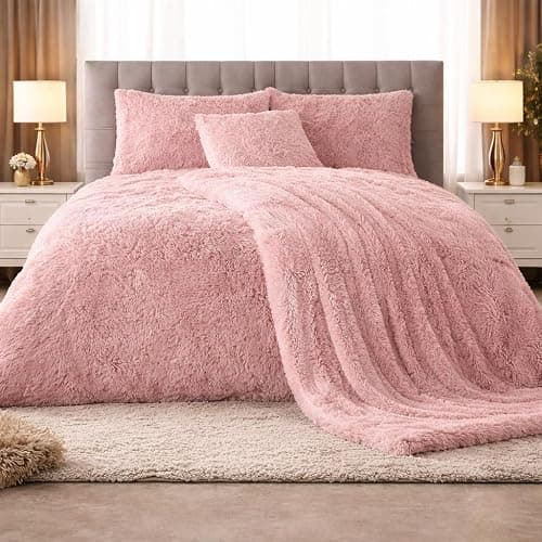 PARADISE STAR Teddy Bear Cuddles Fleece Duvet Cover Set – Alaska Luxury Faux Fur Bedding with Matching Pillowcases, Super Soft Warm Plush Winter Quilt Cover Bed (Blush, Double) - Image 1