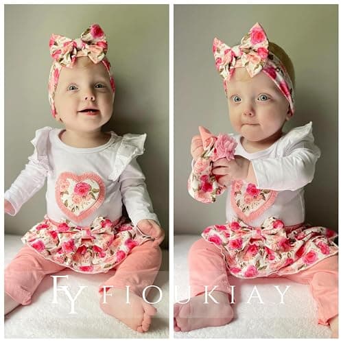 fioukiay Newborn Baby Girl Clothes Infant Girls Floral Love Printed Romper and Ruffle Pants Sets 4pcs Winter Fall Outfits thumbnail 3
