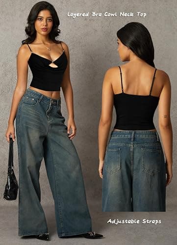 Navneet Women Layered Bra Draped Cowl Neck Tank Top Spaghetti Strap Cut Out Ruched Going Out Crop Cami Top thumbnail 4