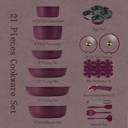 CAROTE 21pcs Pots and Pans Set Non Stick, Detachable Handle Cookware Sets | Ultra Nonstick, Space Saving, Dishwasher & Oven Safe, Non-Toxic Kitchen/Apartment/Camping/RV/ Traveling, Purple thumbnail 3