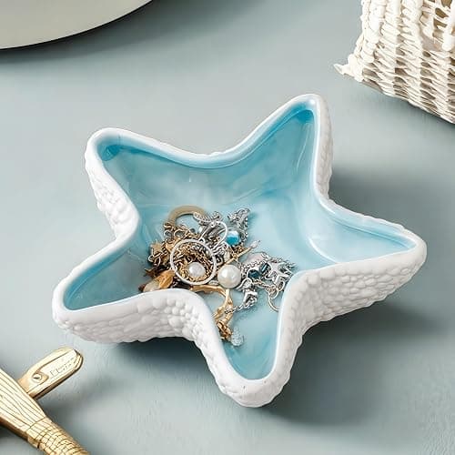 Koyzsen Starfish Jewelry Dish Ceramic Holder Ring Trinket Tray, Ocean-themed Decorative Trinket Dish, Suitable for Mother Friend Sister, Gifts for Women, Home Decor Trinket Dish(Sea Blue) thumbnail 4