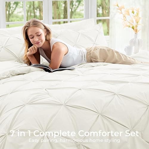 Sasttie Queen Comforter Set, 7-Piece Bed in a Bag, Pintuck Bedding Sets for All Season, Includes Comforter, Flat Sheet, Fitted Sheet, Pillowcases and Pillowshams, Ivory thumbnail 6
