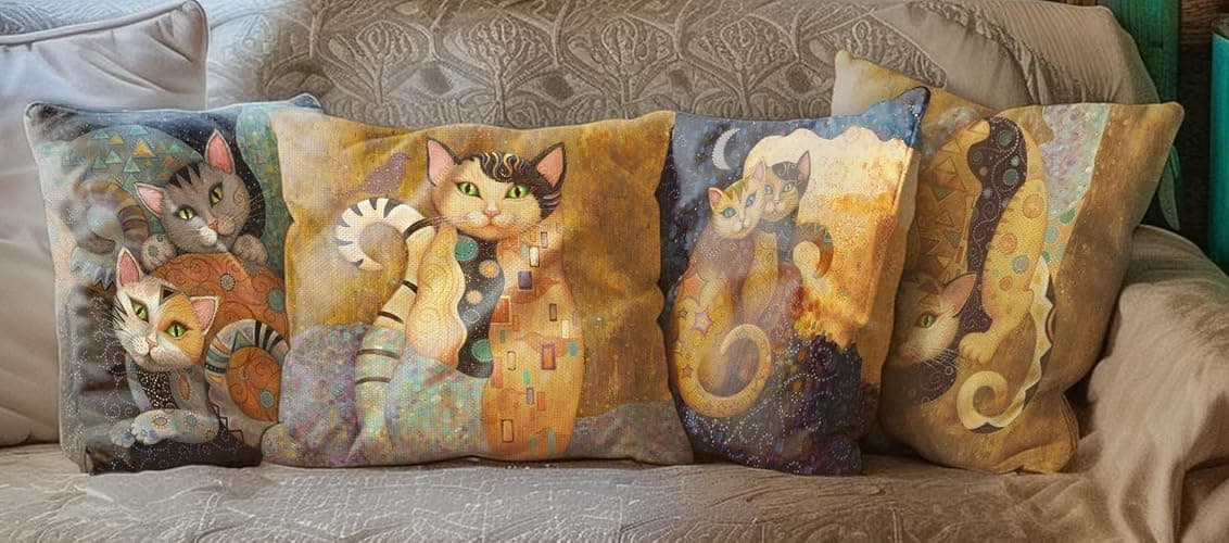 Abstract Linen Throw Pillow Case Set of 4, 20 x 20 Inch, Funny Cat Pillow, Children Room Decor, Cat Theme Room Decor, Cushion Cover for Sofa Couch Bed thumbnail 4
