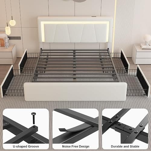 Full Size Bed Frame with 4 Storage Drawers and LED Lights, Upholstered Platform Bed with Adjustable Headboard and Charging Station, Metal Slats Support, No Box Spring Needed,Easy Assembly, White thumbnail 8
