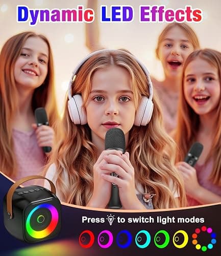 Mini Karaoke Machine, Portable Bluetooth Speaker with 2 Wireless Microphones for Kids & Adults, Karaoke Microphone with LED Lights, Gifts for Girls & Boys thumbnail 4