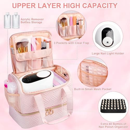 Veirdro Nail Polish Organizer Bag Holds 80 Bottles (15ml/0.5fl.oz)& Nail Lamp, Soft Velvet Nail Kit Storage Carrying Case with Shoulder Strap, Double Layer Nail Supplies Organizer Handbag Women (Pink) thumbnail 3