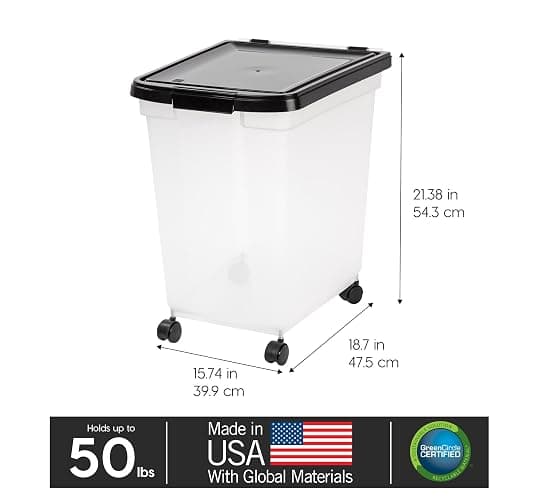 IRIS USA Airtight Dog Food Storage Container, WeatherPro, Up to 50 lbs, Removable Wheels, for Dog Cat Bird and Other Pet Food Storage Bin, Keep Fresh, Translucent Body, Made in USA, Clear/Black thumbnail 3