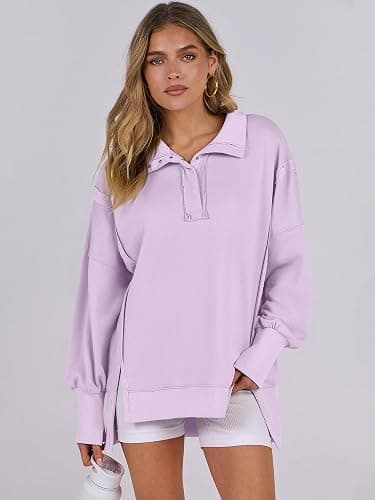 ANRABESS Women's Sweatshirts Oversized Casual Loose Button Up Henley Pullover Top High Low Split 2025 Fall Fashion Outfits thumbnail 5