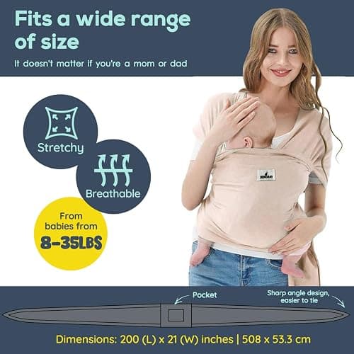 Baby Wraps Carrier, Jeroray Baby Carrier,Hands Free Infant Carrier, Lightweight,Breathable,Softness,Khaki thumbnail 3