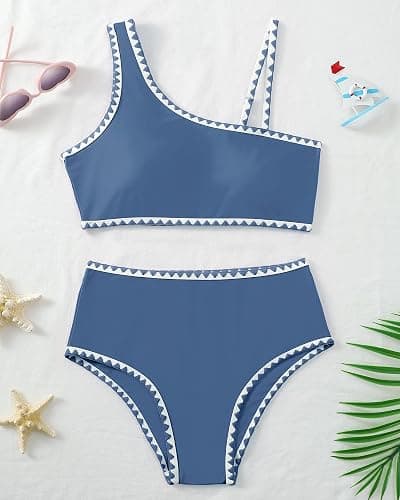Sewetier Girls Swimsuit 2 Piece Bikini Set Contrast Trim Bathing Suit Padded Solid Color Swimwear with Adjustable Strap 7-16Y thumbnail 3