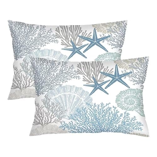 Beach Theme Throw Pillow Cover Queen Size Set of 2,Nautical Blue Coral Starfish Ocean Marine Coastal,Lumbar Pillow Case Standard Pillow Cases with Zipper Decorative Cushion Covers,20"x30",Teal Blue - Image 1