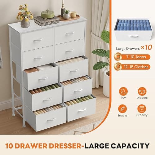 Sweetcrispy 10 Drawer Fabric Dresser Storage Tower with Bins, Tall Chest Organizer for Bedroom Closet Hallway, Steel Frame Wood Top Easy Pull Handles,White thumbnail 4