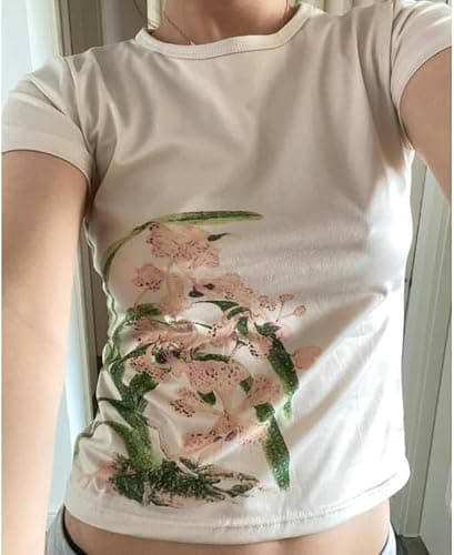 IDEWO Y2k Graphic Baby Tee Women Floral Print Short Sleeve Emo Shirt Gothic Aesthetic Harajuku Streetwear thumbnail 3