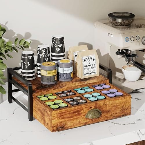 IBUYKE Tea Bag Organizer,Tea Box with Drawer,Brown TCJ004H | Wood Tea Bag Holder for Countertop 2 Tier Tea Station Organizer with Metal Frame for Kitchen Cabinet Coffee Station Office thumbnail 2