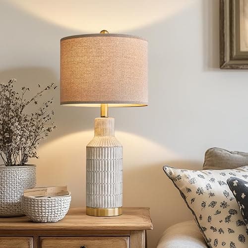 USumkky 25" Table Lamps Set of 2 - Modern Bedside Lamps for Living Room - White Washed Ceramic Nightstand Lamps for Bedroom thumbnail 2