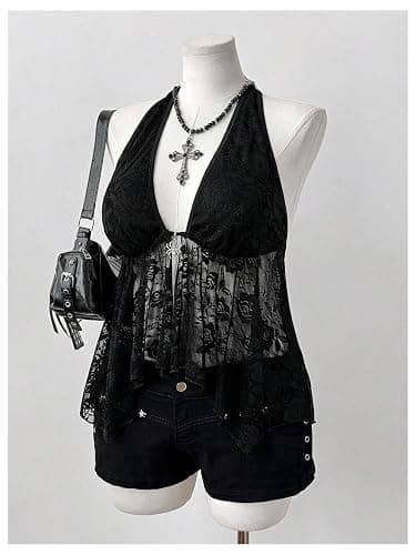 GORGLITTER Women's Plus Size Goth Lace Halter Tops Y2k Backless Sheer Ruffle Top Grunge Clothes thumbnail 2