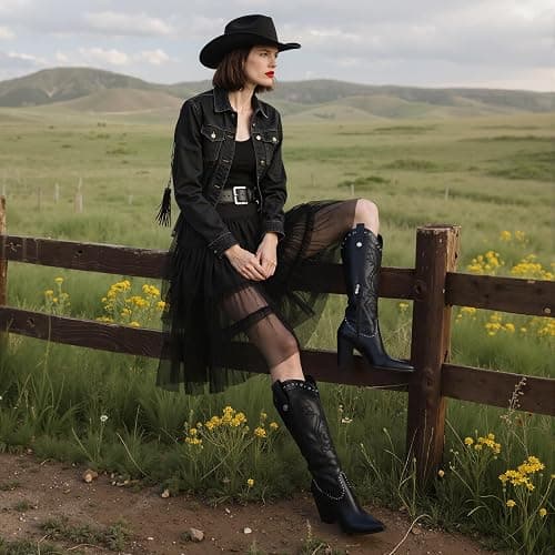 VOMIRA Knee High Cowboy Boots for Women Pointed Toe Chunky High Heels Pull-on Embroidered Boots Western Boots Wide Calf Cowgirl Boots thumbnail 2