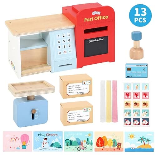 SOKA Wooden Post Office Play Set with Stamps and Mail Creative Pretend Play Toy Role Playset Educational Montessori Developmental Game For Kids Children Boys Girls 3 year old + thumbnail 4