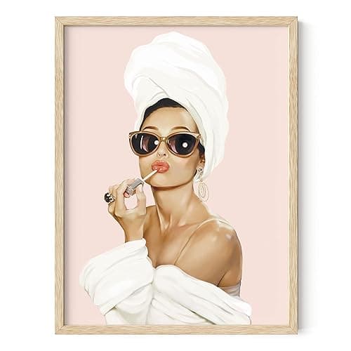 HAUS AND HUES Audrey Hepburn Wall Art – Pink Framed Poster, Glam Makeup Decor, Celebrity Vogue Print for Bedroom or Vanity (Beige Frame, 12x16) - Image 1