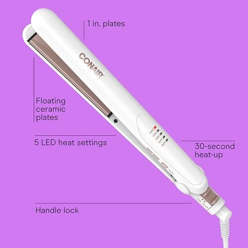 Conair Hair Straightener, Double Ceramic, 1" Extra-Long Plates | Double ceramic hair straightener for all hair types with 5 heat settings to 410°F, 30-second heat up & a claw clip thumbnail 2