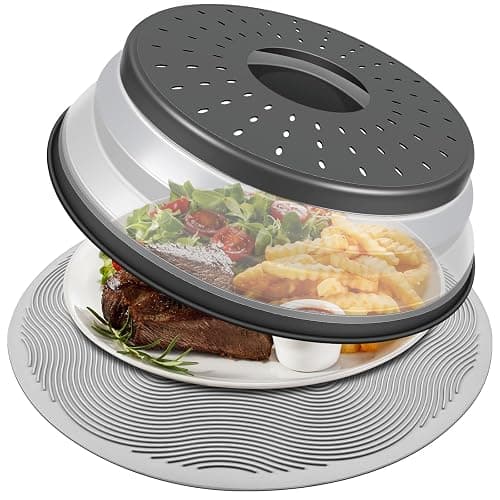 LekDrok Microwave Food Cover with Mat 12 Inch, Mat as Bowl Holder, Cover for Splatter Guard, Collapsible Lid for Plate Dish, Multi-Purpose Silicone Mat & Kitchen Colander Gadget for Meal Prep,Charcoal - Image 1