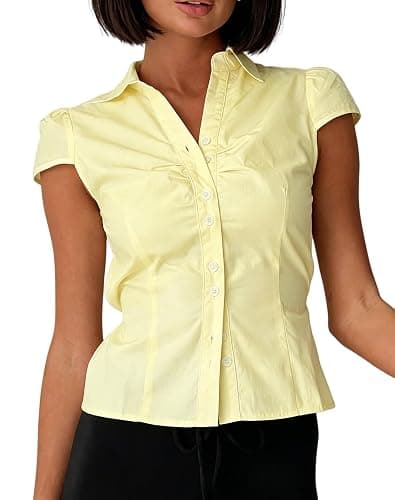 Seyumixi Y2k Button Up Shirt Women Short Sleeve V Neck Cropped Blouse Slim Fitted Collared Top Cute Preppy Coquette Tops - Image 1