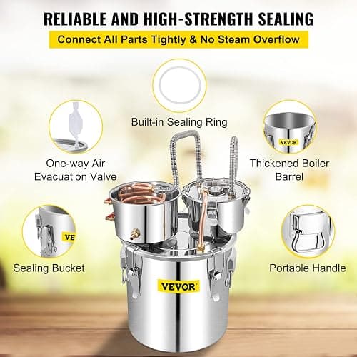 VEVOR Alcohol Still 13GAL/50L, Alcohol Distiller with Thumper Keg, Distillery Kit for Alcohol with Copper Tube & Build-in Thermometer & Water Pump thumbnail 7