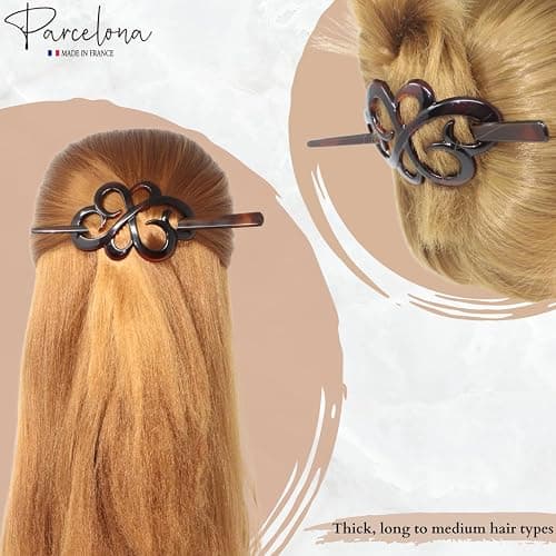 Parcelona French Wide Flower Tortoise Shell Brown Bun or Ponytail Bun Holder Hair Slider Pin Thru Clip with Stick thumbnail 4