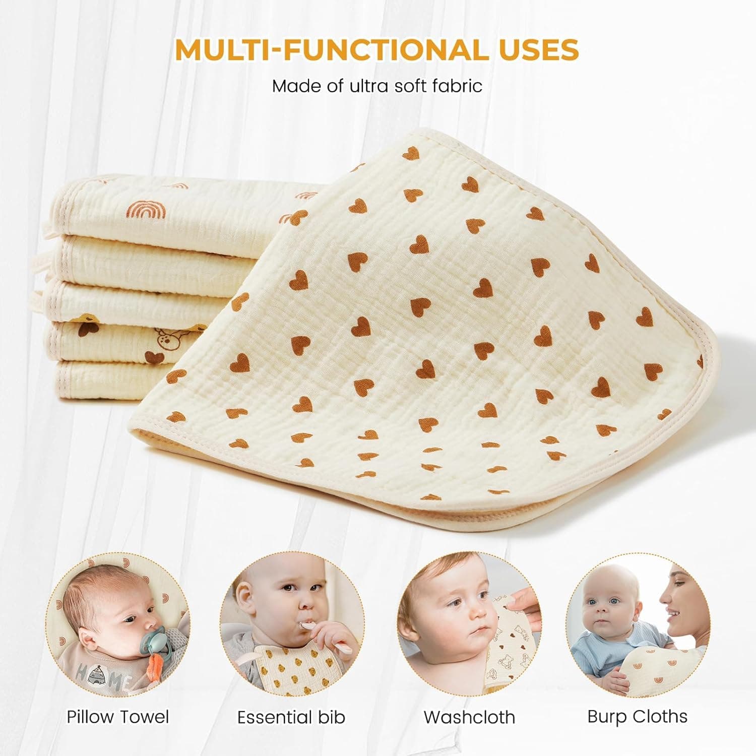 Premium Cotton Muslin Burp Cloths for Baby - Ultra Soft Washcloths, Large 20 x 10 Inch, 6 Thicken Absorbent Layers - Newborn Burping Rags and Face Towels (6 Pack) thumbnail 3