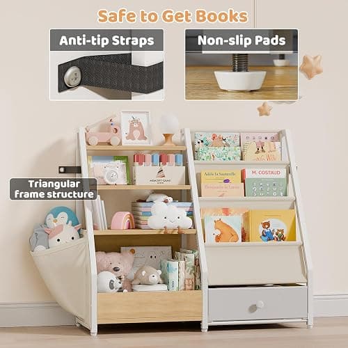HAVLOTII Kids Bookshelf and Toy Storage - Book Shelf for Kids Rooms, Toddler Bookshelf Baby Bookcase for Nursery, Montessori Toy Organizer, Burlywood thumbnail 5