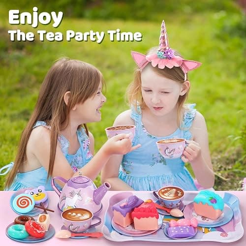 55Pcs Tea Party Set for Little Girls, Princess Tea Party Set, Unicorn Kid Tin Tea Set,Kids Kitchen Pretend Toy, Toddler Tea Party Set for Girl 3-5, Tea Party Set Christmas Birthday Gift for 4 Year Old thumbnail 7
