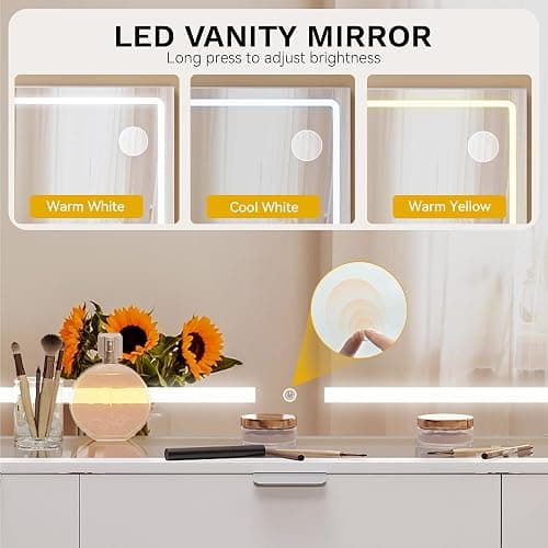 DWVO Vanity Desk Set with Mirror & Power Outlets, Vanity Table with 3 Dimmable Light Colors, 10 Drawers, Hair Dryer Rack – Modern Makeup Table with Hidden Storage Stool thumbnail 3