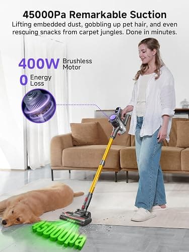 MONSGA Cordless Vacuum Cleaner, 45KPa 400W Stick Vacuum for Home, 50Mins Anti-Tangled Vacuum Cleaner with Charging Dock, Light-weighted Handheld Vacuum for Pet Hair/Carpet/Floor, LED Touch Display,MV3 thumbnail 2
