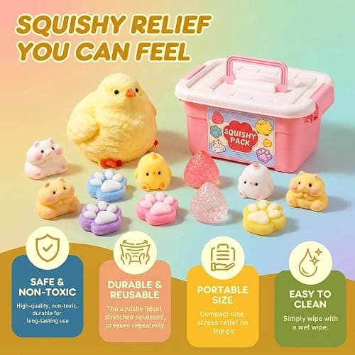 13 Pack Taba Squishy Fun Box Toys Set kit, Cheap Squishies Stress Relief Toys Party Favors for Kids 4-8 8-12, Chick Hamster Paw Strawberry Squishy Squeezee Fidget Toys for Kids thumbnail 5