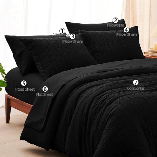 CozyLux Queen Comforter Set Black Seersucker 7 Pieces Bed in a Bag Queen Comforter Set with Sheets, Luxury Soft Bedding Set with Down Alternative Comforter, Sheets, Pillowcases & Shams for All Seasons thumbnail 6