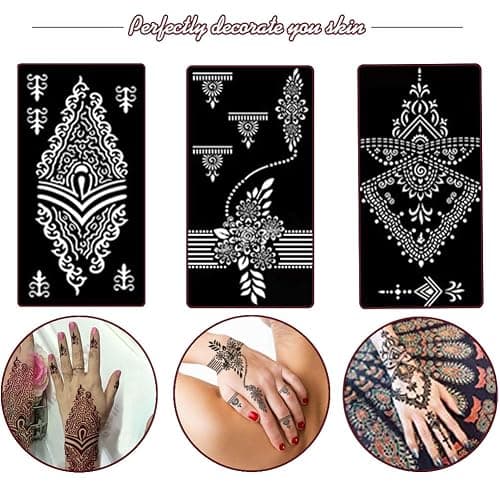 Koogel 18 Sheets 97PCS Henna Tattoo Stencil Kit, Reusable Mehndi Templates for Indian Weddings, Christmas & New Year, Ramadan, Bridal Mehndi & Tattoo Templates for Women, Girls & Body Art thumbnail 6