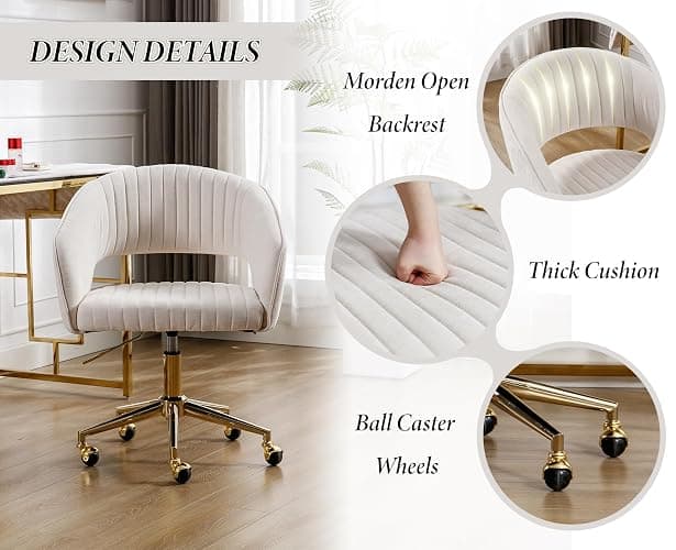 Ya-Home Chenille Home Office Chair Modern Swivel Vanity Chair with Height Adjustable for Adults Teens Bedroom, Beige thumbnail 4