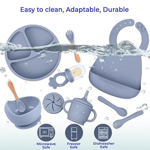 Silicone Baby Feeding Set – 10 Pcs Baby Led Weaning Supplies & Self Feeding Kit | BPA-Free Toddler Plates and Bowls Set, Bib, Fruit Feeder, Cup, Spoons & Forks – Empower Independence with LimeOr -Gray thumbnail 8