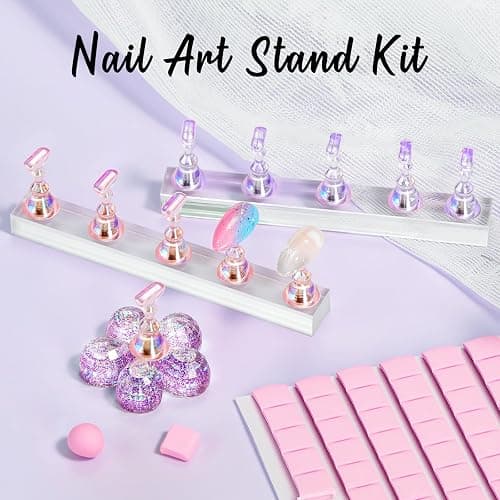 Makartt Nail Stand: Nail Holder for Painting Nails DIY, Magnetic Press on Stand Pink and Purple for Art Display Practice, Purple Glitter Flower Fake Holder for Home Salon with Reusable Adhesive Putty thumbnail 2