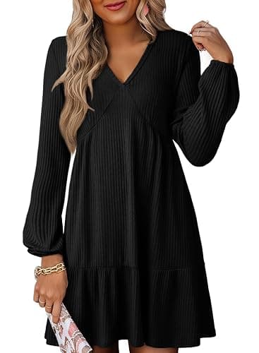 Dokotoo Fall Dresses for Women 2025 Long Sleeve V Neck Lightweight Ribbed Knit Empire Waist Casual A Line Swing Mini Dress - Image 1