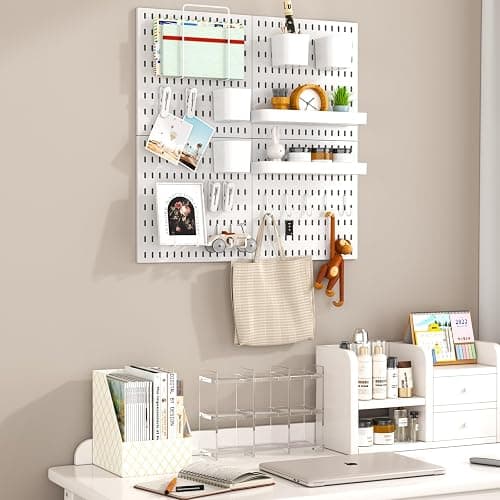 VEOFEMLEA Peg Board Combination Kit, 4 Pegboards with 20 Accessories, Pegboard Wall Organizer for Office, Nursery & Home Storage, Key Holder, 25.6"x25.6" – Nail-Free Installation（White） thumbnail 6