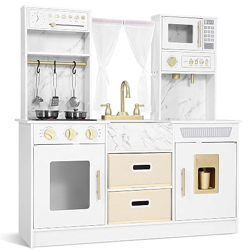 JOYLDIAS Play Kitchen, Wooden Kids Play Kitchen Playset Chef Pretend Play Set for Toddlers w/Ice Cube Dispenser, Oven, Cooking Accessories,Trendy Home Style w/Curtains, Storange Box, Gift for Ages 3+ - Image 1