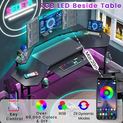 Sedeta Gaming Table with LED Lights, L-Shaped Keyboard Tray & Monitor Stand, Headphone Hooks, Cup Holder, Black thumbnail 4