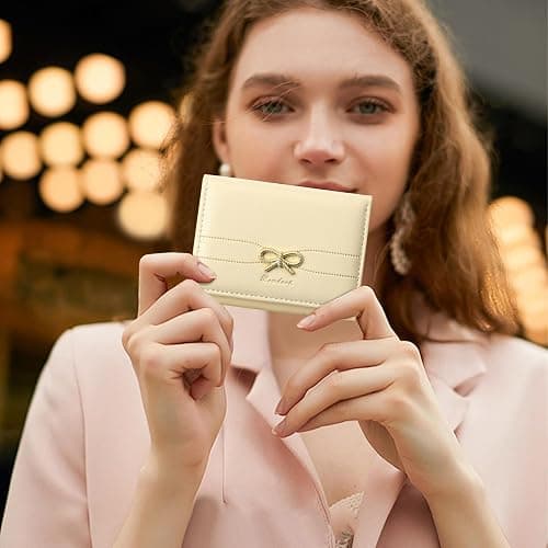 RNIEGA Small Wallets Girls Cute Coquette Bow Wallet Women Aesthetic Credit Card Holder with ID Window, Cream Yellow thumbnail 2
