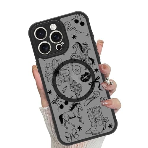 MOWIME Magnetic for iPhone 16 Pro Max case [Compatible with MagSafe] Cute Western Cowboy Floral Translucent Matte Hard Back Shockproof Anti-Scratch Phone Case-Black - Image 1