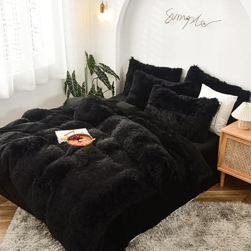 MorroMorn 5 PCS Shaggy Duvet Cover Bedding Set - Fluffy Comforter Cover Long Faux Fur Luxury Ultra Soft Cozy (Black, Full/Queen) thumbnail 5