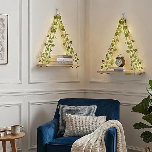 RICHER HOUSE Artificial Ivy LED-Strip Wall Hanging Shelves, Macrame Shelf for Bedroom Bathroom Living Room Kitchen, Wood Hanging Plant Shelves for Wall Décor thumbnail 3